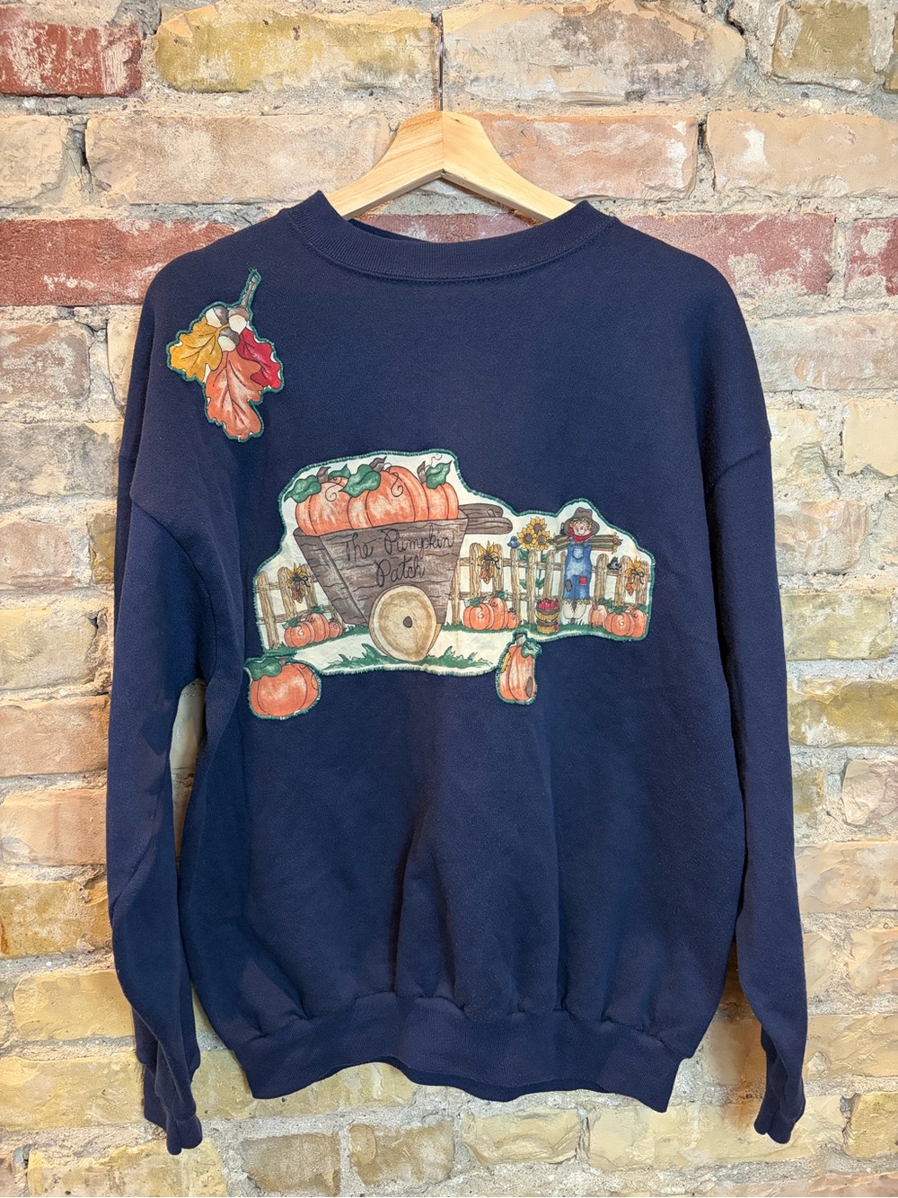 Navy Thanksgiving Pumpkin Wagon Graphic crew neck